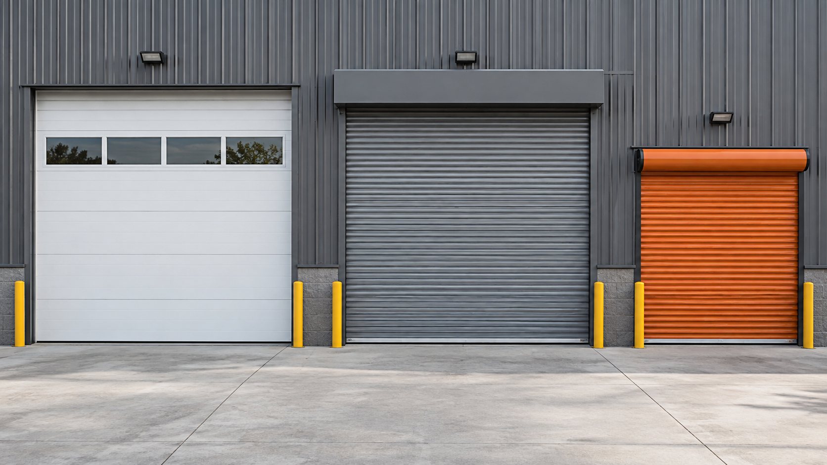 Sectional, rolling steel, and roll-up commercial doors side by side